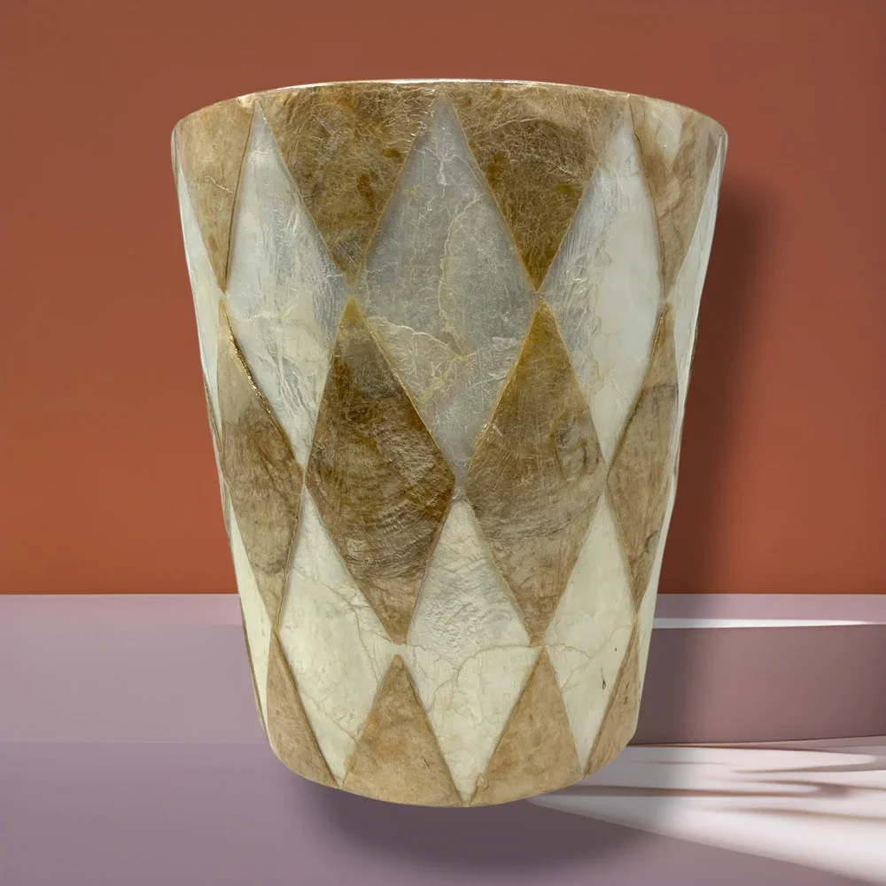 Natural Capiz Shell Harlequin Wastebasket Trash Can Coastal Organic Modern